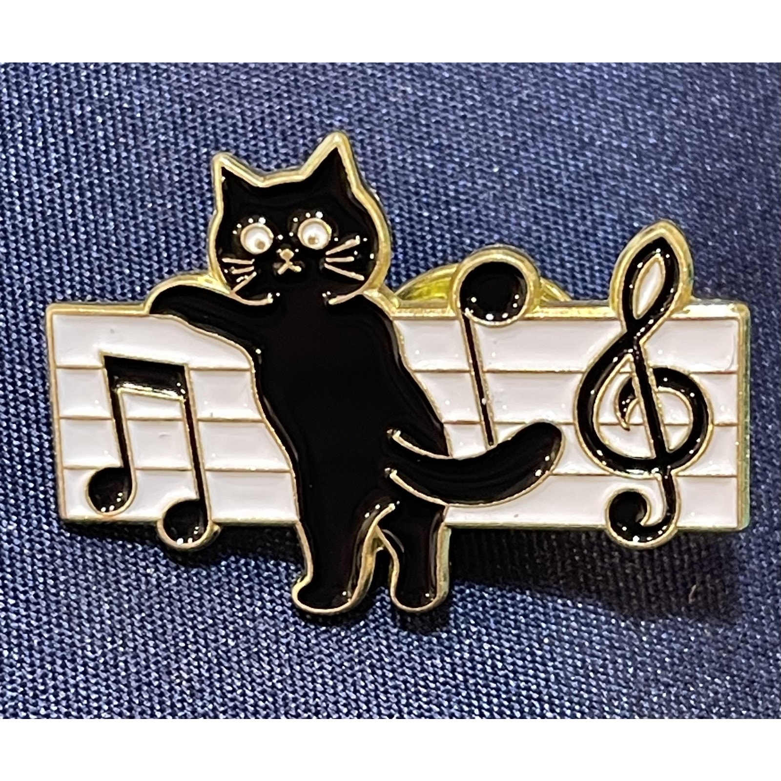 Nwot Black Enamel Cat Pin Music Staff Treble Clef Gold Tone Cute Lapel Pin